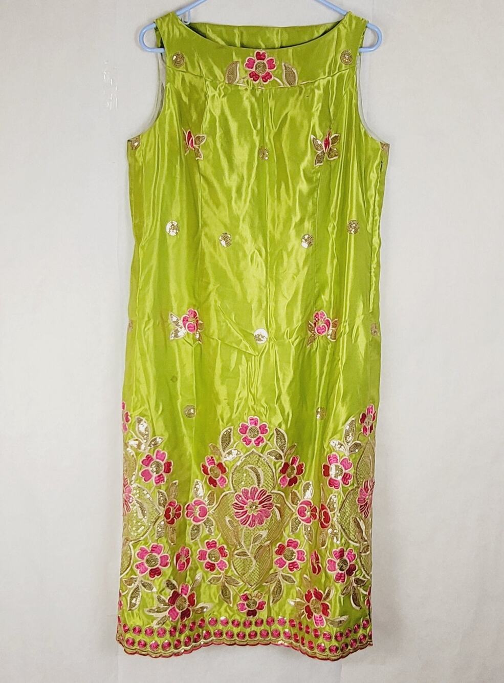 Dara Lamb green silk pink floral sequin embroidered sheath midi dress Maximal